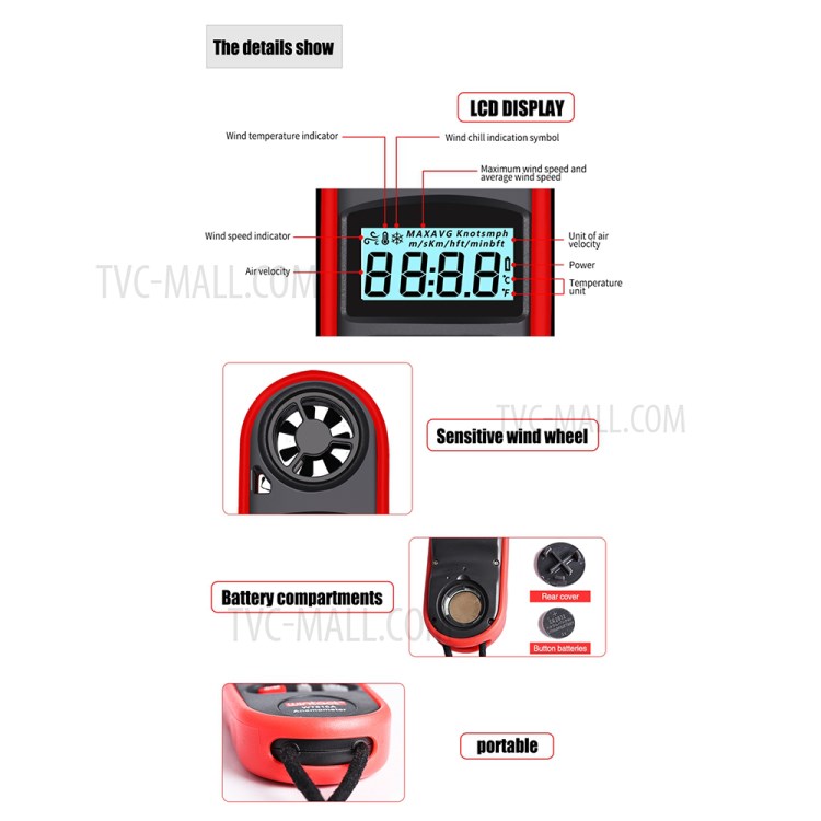 WINTACT WT816A 30m/s Digital Anemometer Tester Portable Handheld Wind Speed Temperature Measure Tool Air Velocity Meter-5