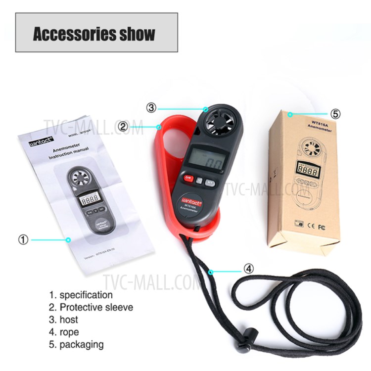 WINTACT WT816A 30m/s Digital Anemometer Tester Portable Handheld Wind Speed Temperature Measure Tool Air Velocity Meter-8