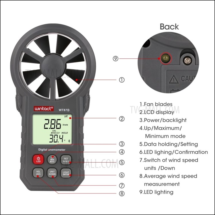 WINTACT WT87B Digital Anemometer Thermometer Tester Portable Handheld Wind Speed Meter with USB Bluetooth-7