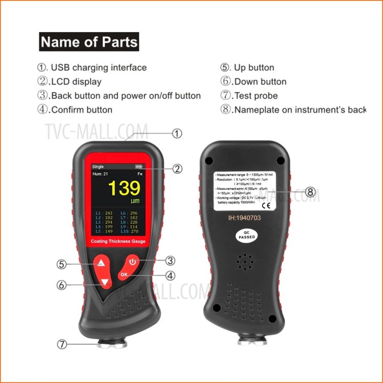 BENETECH GT230 Hand-held Digital Coating Thickness Gauge Rechargeable 0-1300um Paint Film Thickness Tester Measurement Tool-5