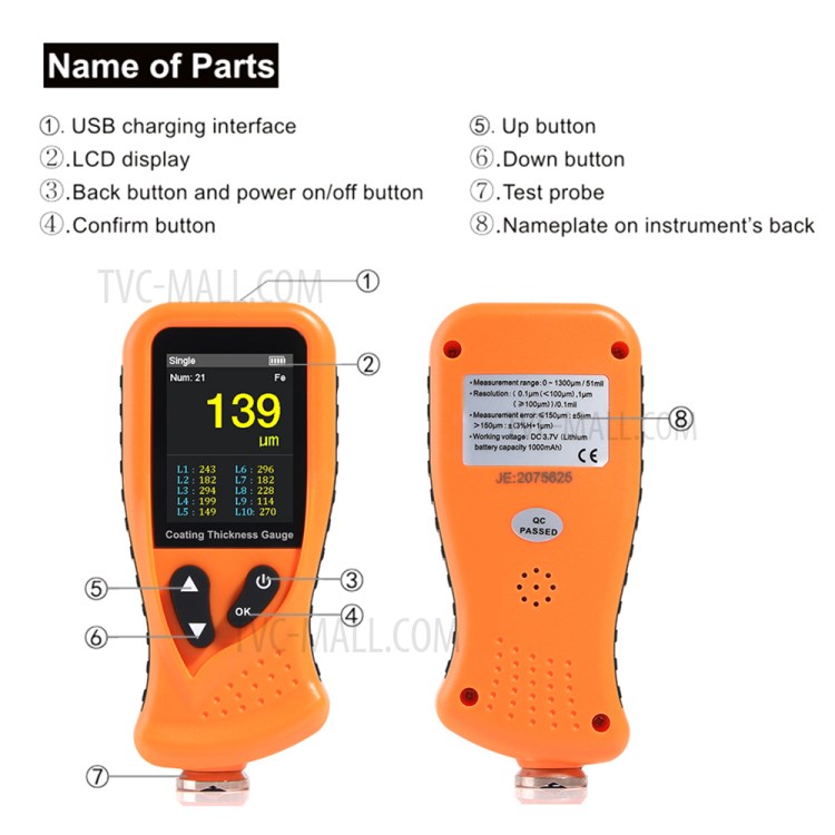 RZ GT230A Hand-held 0-1300um Coating Thickness Gauge Digital Rechargeable Paint Film Thickness Tester Tool-4