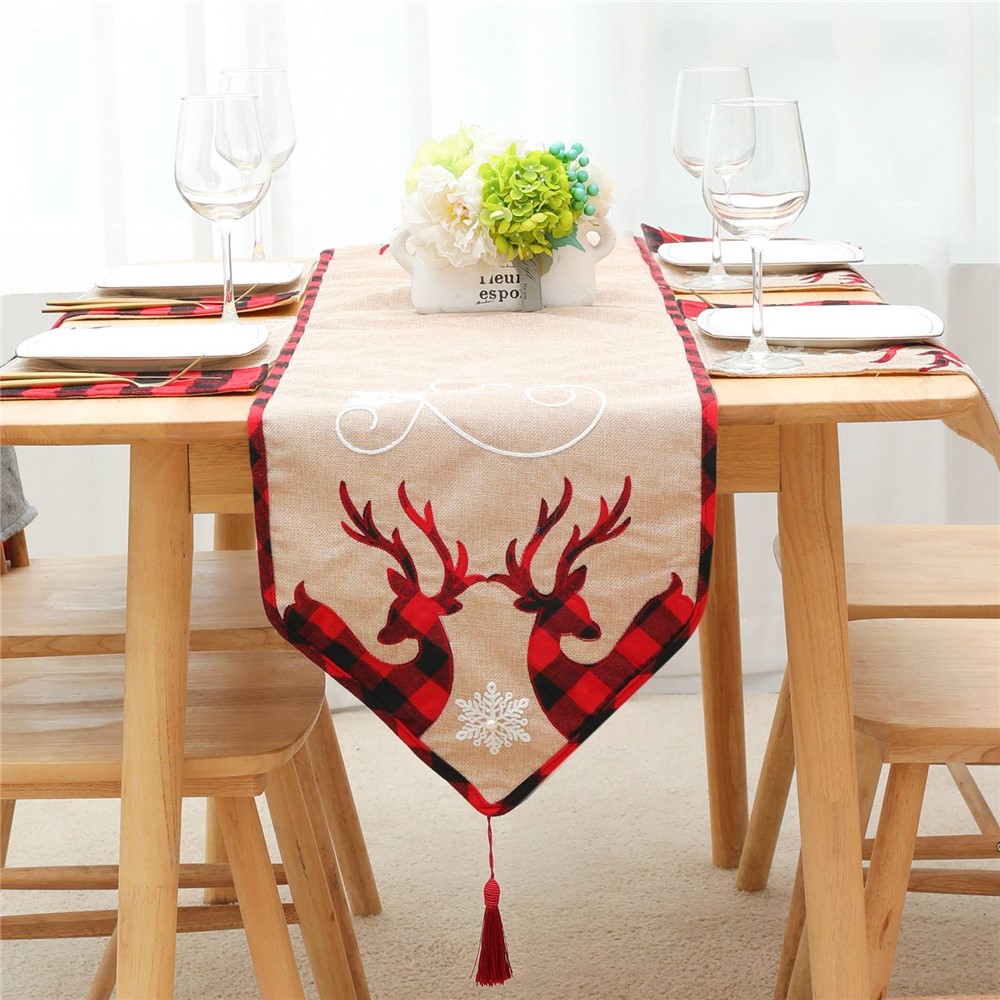 Christmas Party Supplies Elk Embroidery Table Runner with Tassel Xmas Holiday Family Gathering Decoration-3