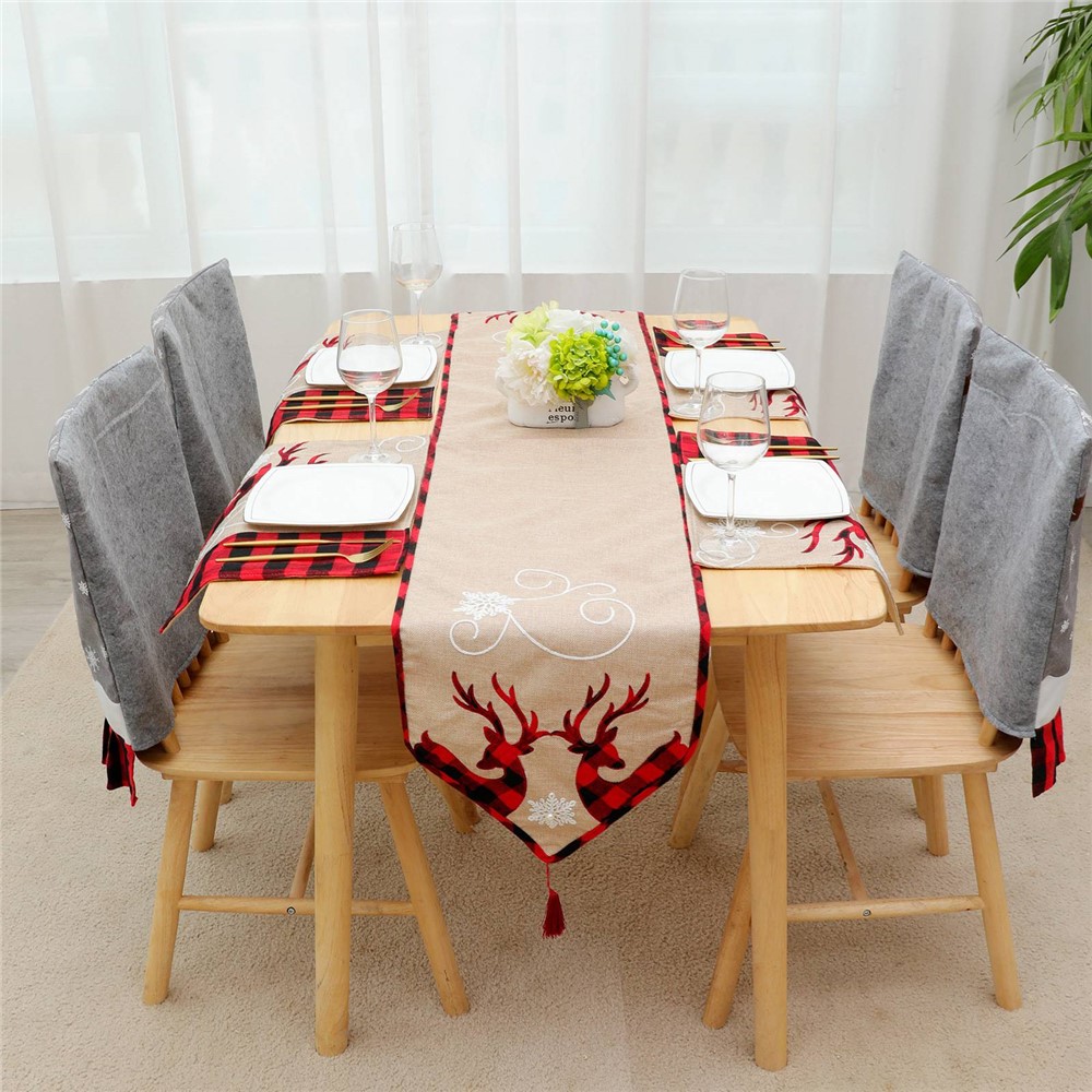 Christmas Party Supplies Elk Embroidery Table Runner with Tassel Xmas Holiday Family Gathering Decoration-4