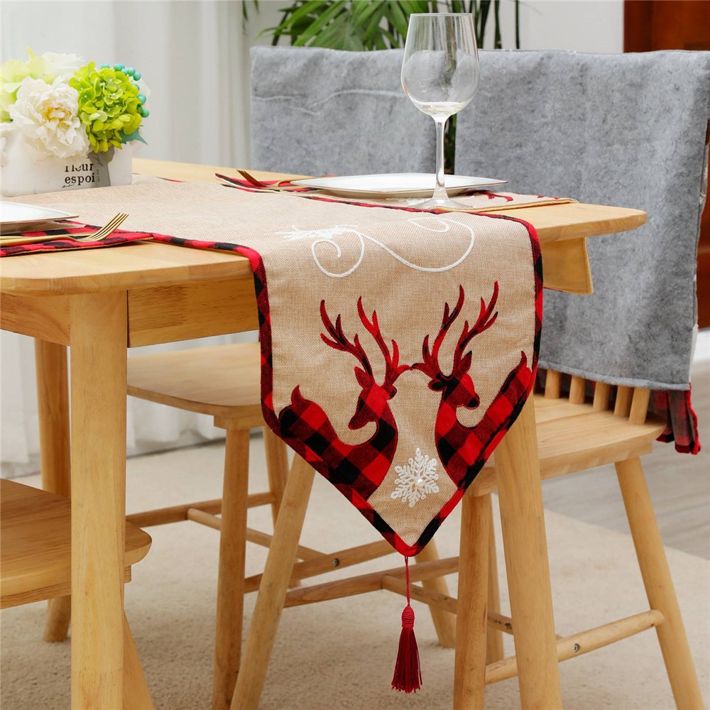 Christmas Party Supplies Elk Embroidery Table Runner with Tassel Xmas Holiday Family Gathering Decoration-5