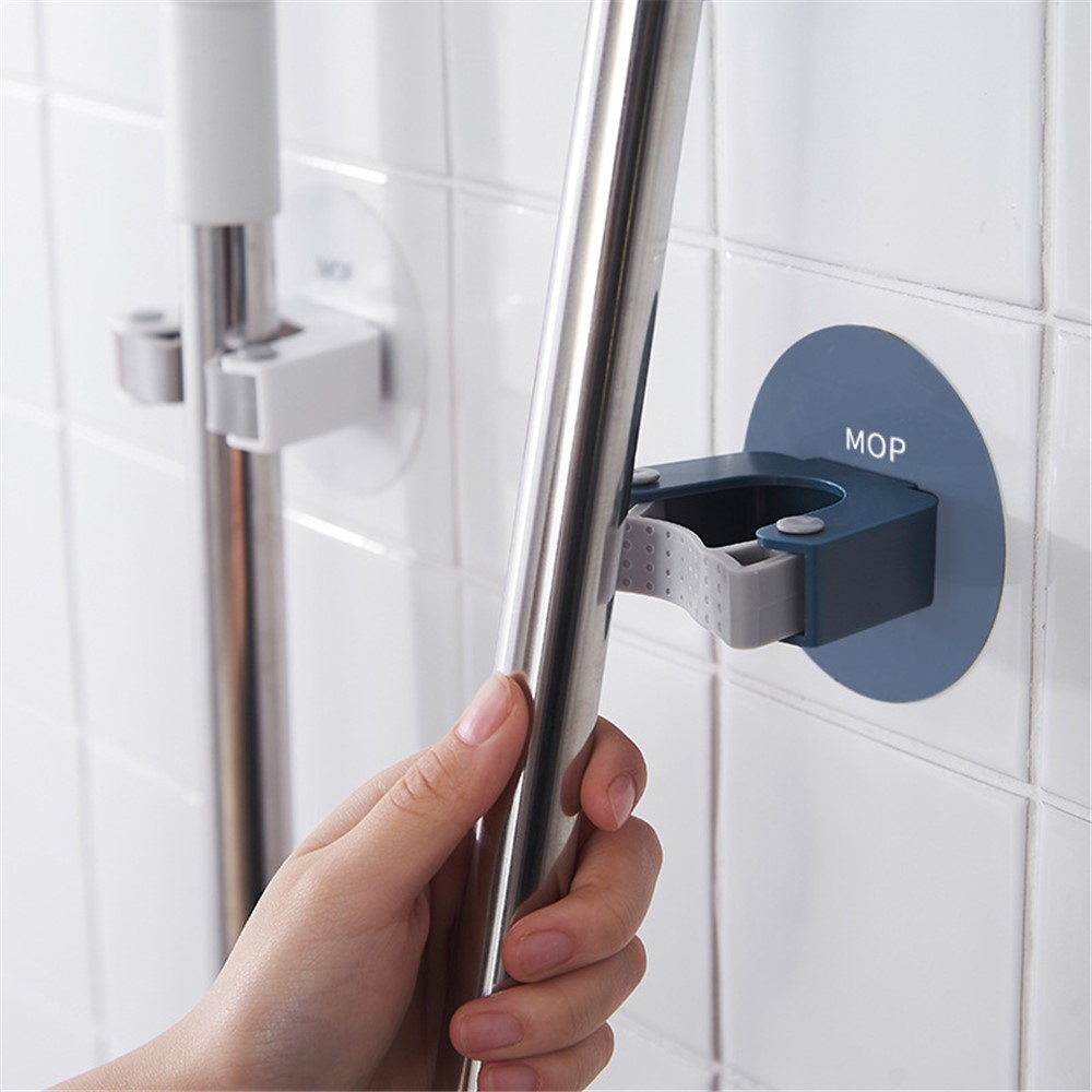 No Drilling Mop Holder Wall-mounted Storage Rack Waterproof Broom Storage Hanger for Kitchen Bathroom - Round Blue-2