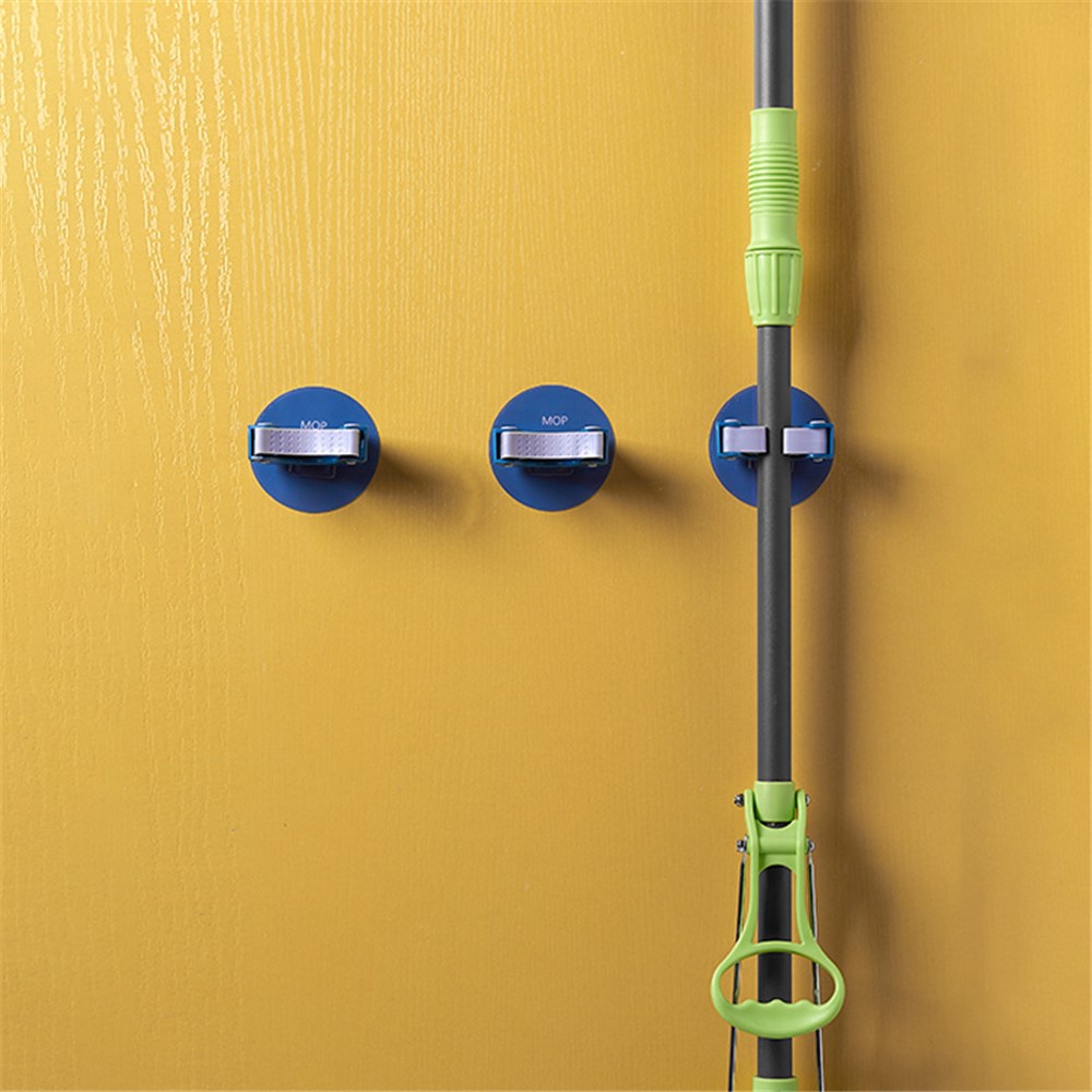 No Drilling Mop Holder Wall-mounted Storage Rack Waterproof Broom Storage Hanger for Kitchen Bathroom - Round Blue-6