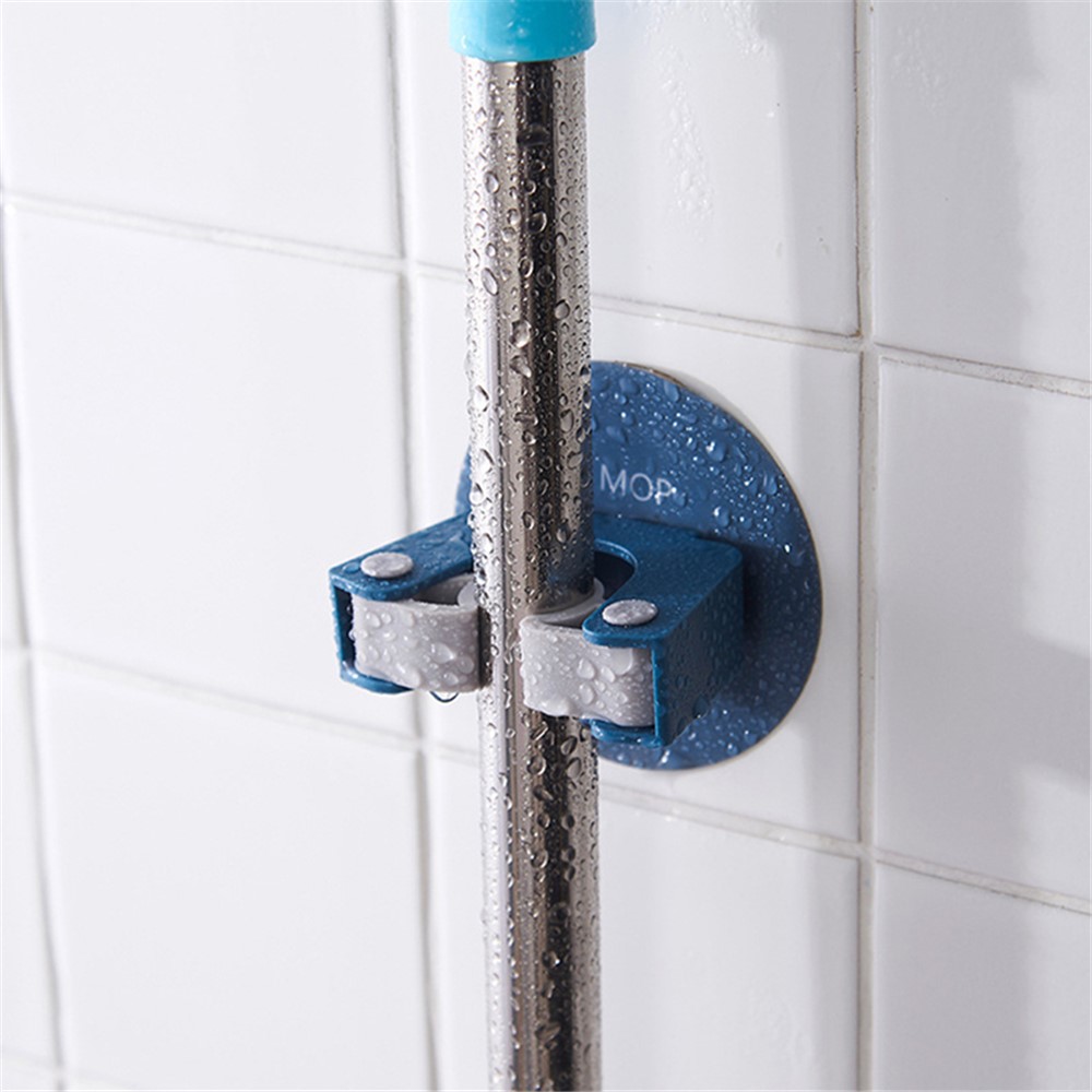 No Drilling Mop Holder Wall-mounted Storage Rack Waterproof Broom Storage Hanger for Kitchen Bathroom - Round Blue-7