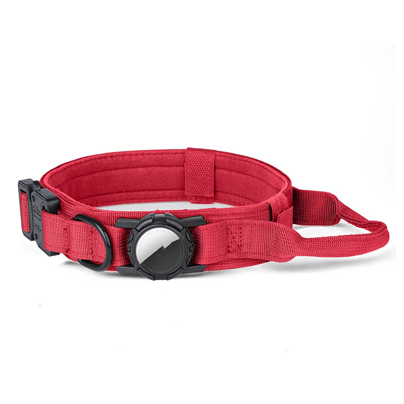 Size XL Tactical Dog Collar for Apple AirTag Nylon Double Layer Padded Waterproof Quick Release Buckle - Red