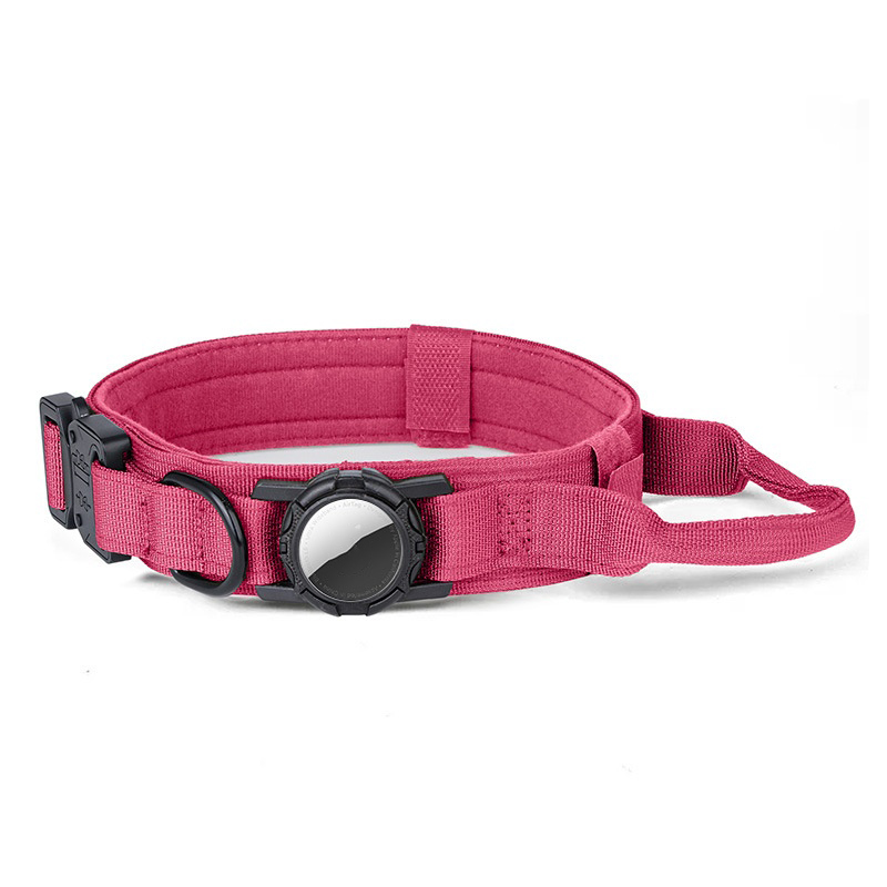 Size XL Tactical Dog Collar for Apple AirTag Nylon Double Layer Padded Waterproof Quick Release Buckle - Pink