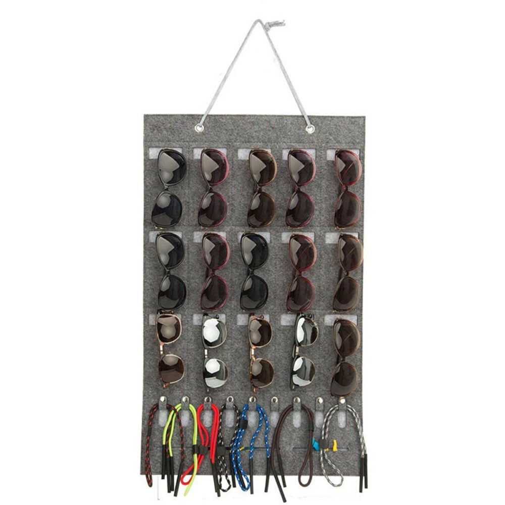Snap Buttons Design Eyeglasses Storage Pouch Organizer 15 Slots Wall Hanging Felt Sunglasses Holder Bag, Style C - Dark Grey-3