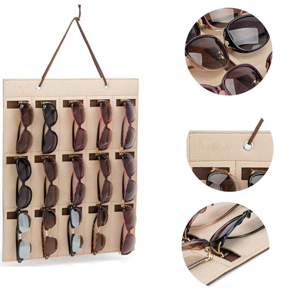 15 Slots Felt Sunglasses Holder Wall Hanging Bag Eyeglasses Storage Pouch Organizer, Style A - Beige-3