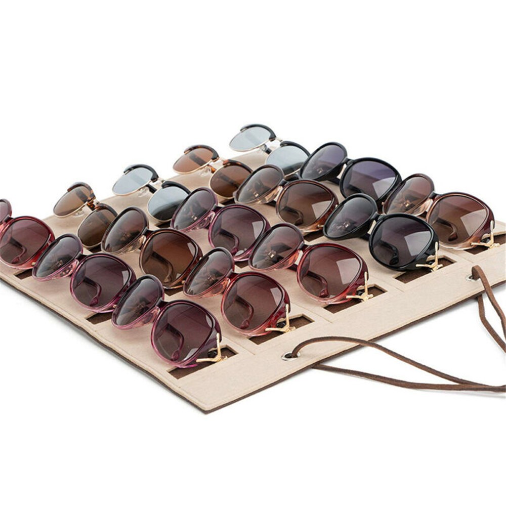 15 Slots Felt Sunglasses Holder Wall Hanging Bag Eyeglasses Storage Pouch Organizer, Style A - Beige-5