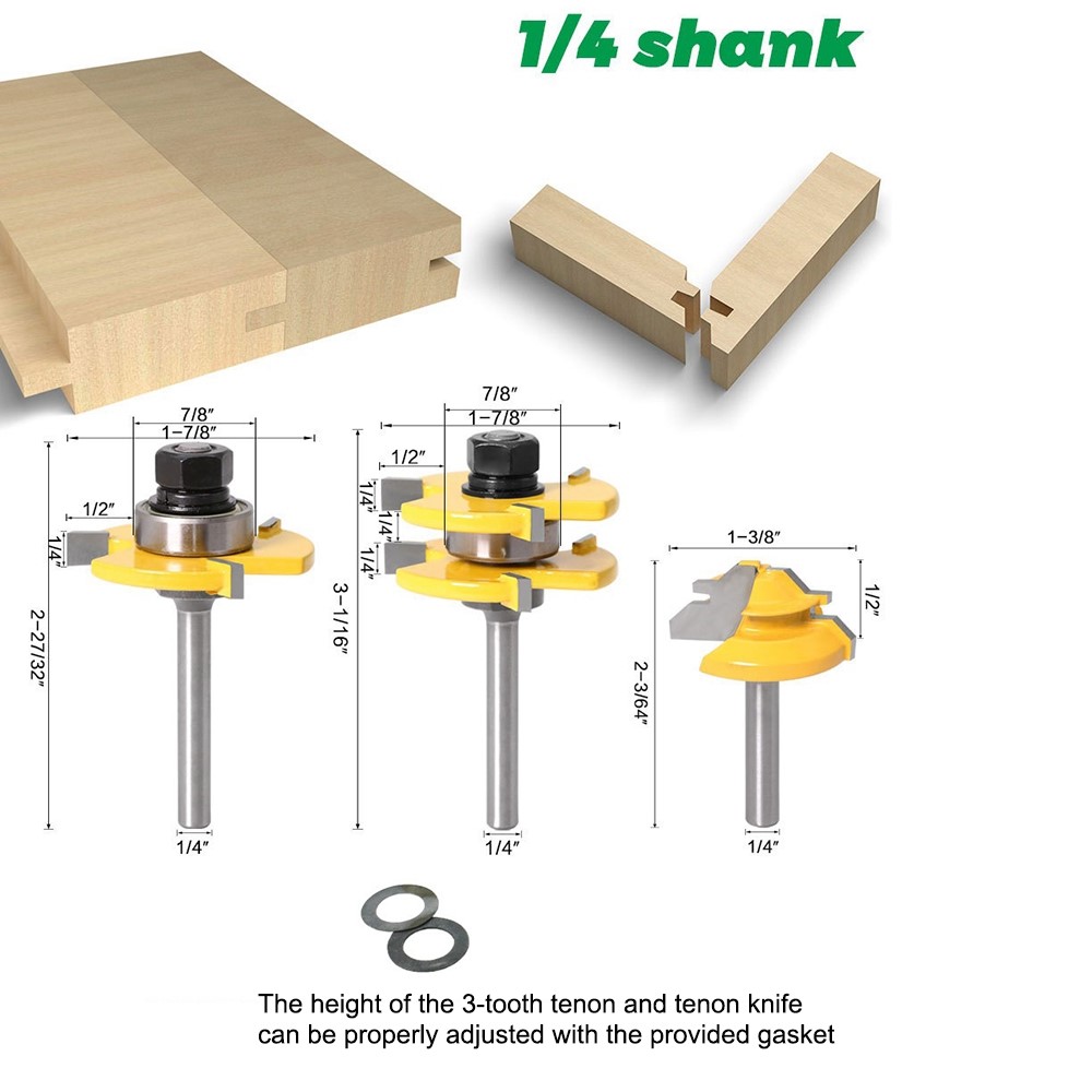 3Pcs 1 / 4" Shank Router Bit Set 3-Teeth 1 / 4"x47+45-Degree + 1 / 4"x1-3 / 8 Woodworking Wood Cutter Groove Tenon Milling Tool-5