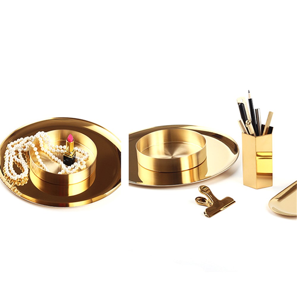 Nordic Style Round Electroplating Stainless Steel Sundries Organizer Tray Desktop Fruit Storage Tray Home Decor - Gold-5