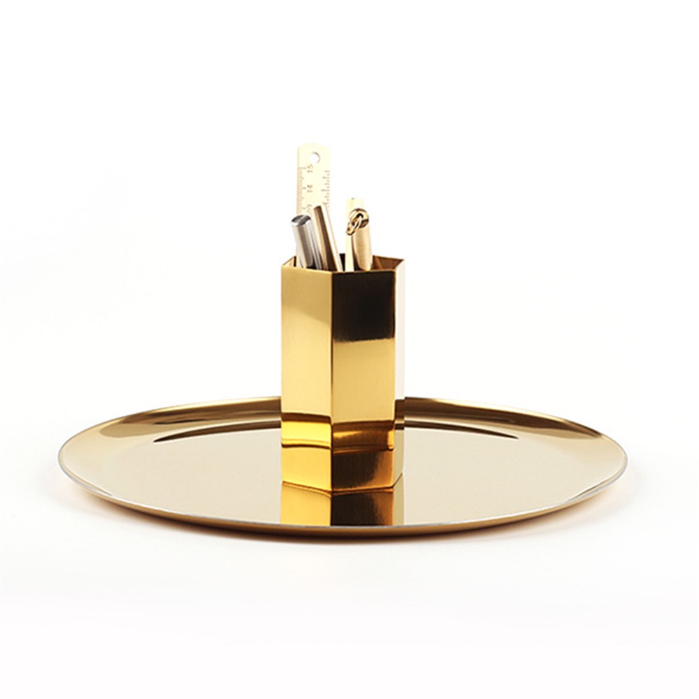 Nordic Style Round Electroplating Stainless Steel Sundries Organizer Tray Desktop Fruit Storage Tray Home Decor - Gold-6