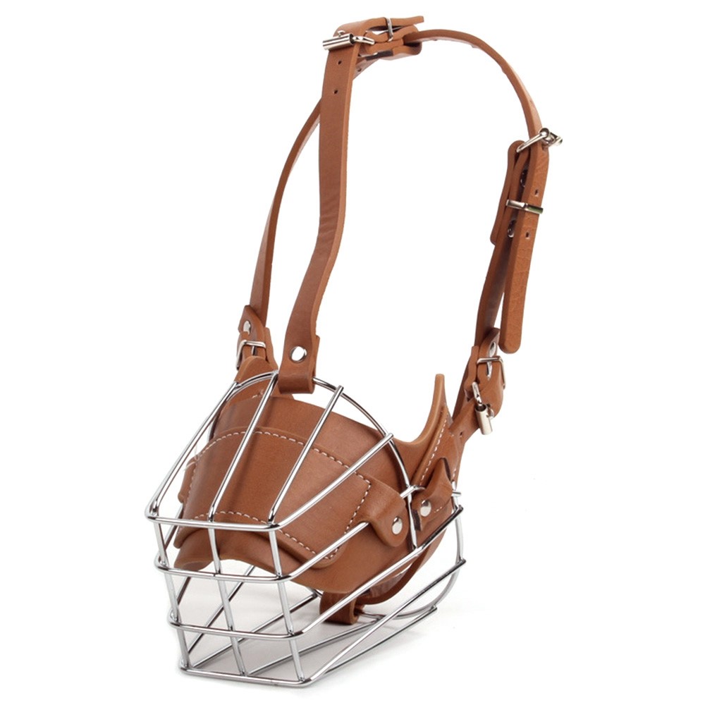 Adjustable Leather Straps Wire Basket Dog Anti-bite Muzzle Protective Mouth Cover Accessories, Size M - Brown-1