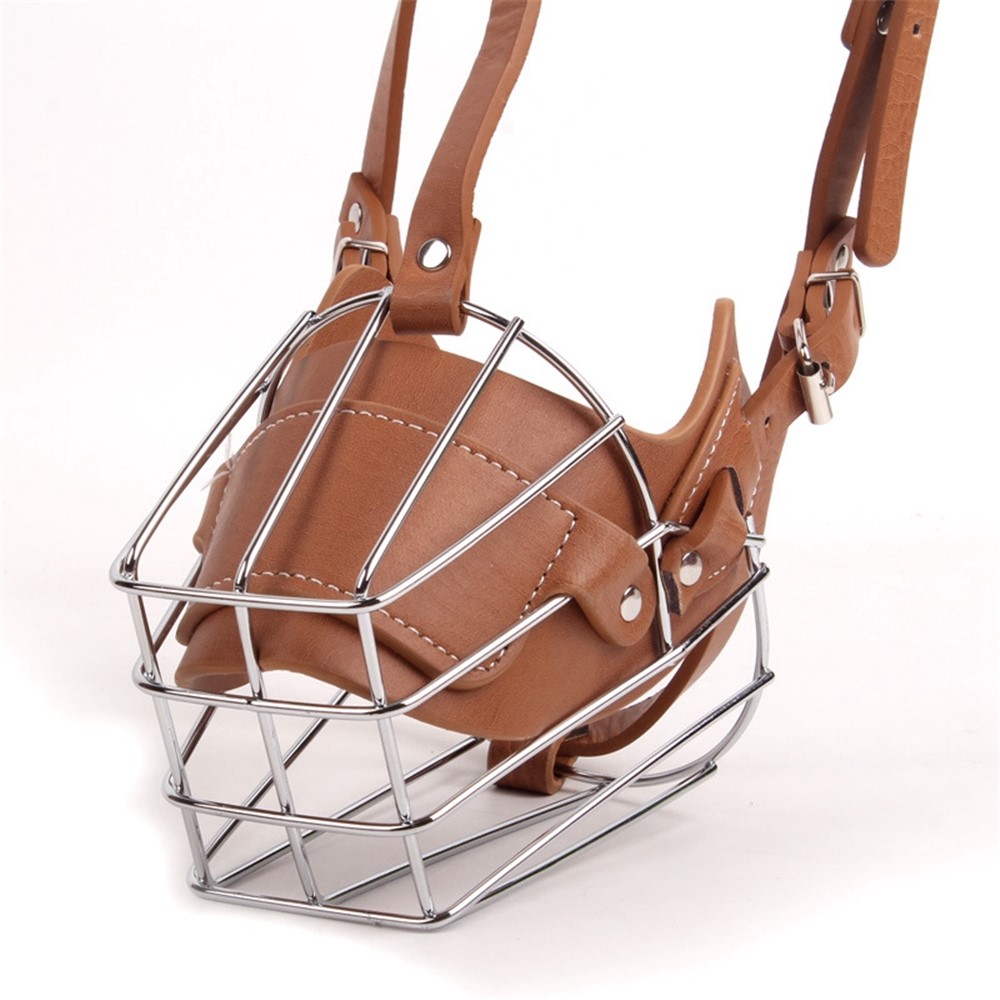 Adjustable Leather Straps Wire Basket Dog Anti-bite Muzzle Protective Mouth Cover Accessories, Size M - Brown-2