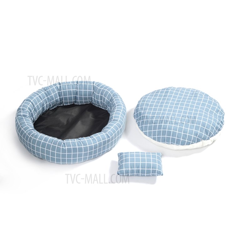 TG-PB066 Grid Pattern Round Pet Dog Cat Bed Soft Plush Round Pet Bed with Pillow - Blue-4