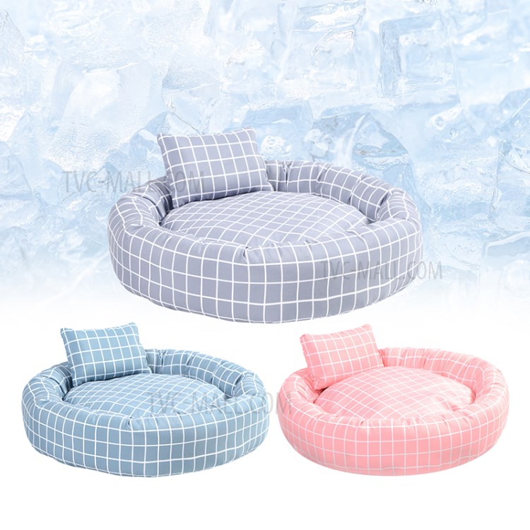 TG-PB066 Grid Pattern Round Pet Dog Cat Bed Soft Plush Round Pet Bed with Pillow - Blue-6