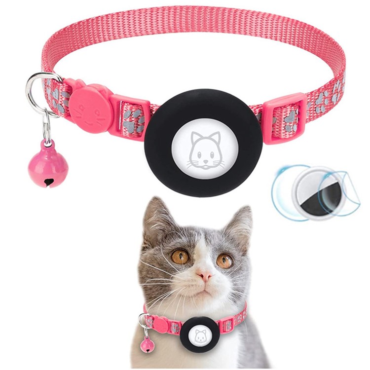 Para Airtag Silicone Case Pather Patrón Reflectante Del Collar de Mascotas GPS Cubierta Protectora Con Campana - Rosa