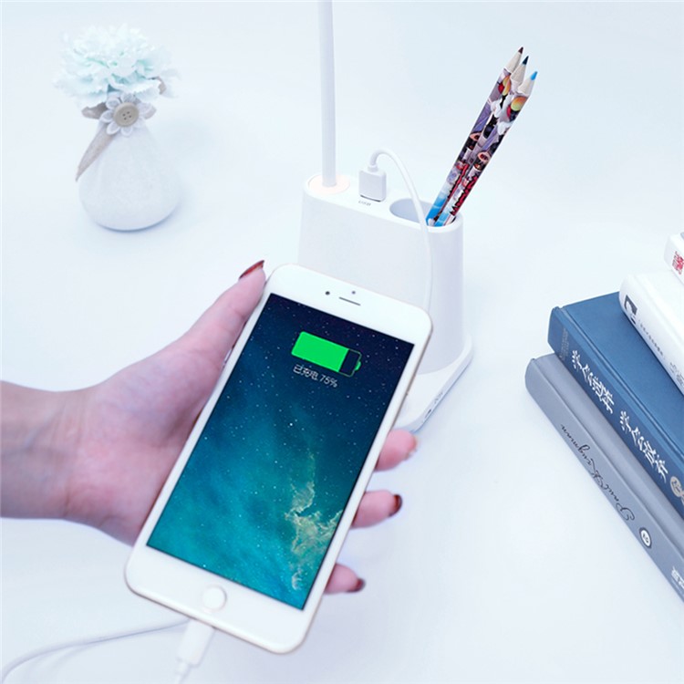 Dimmable Touch Control LED Tischlampe Leselicht Mit Stifthalter USB-Ladeventilator - Weiß-3