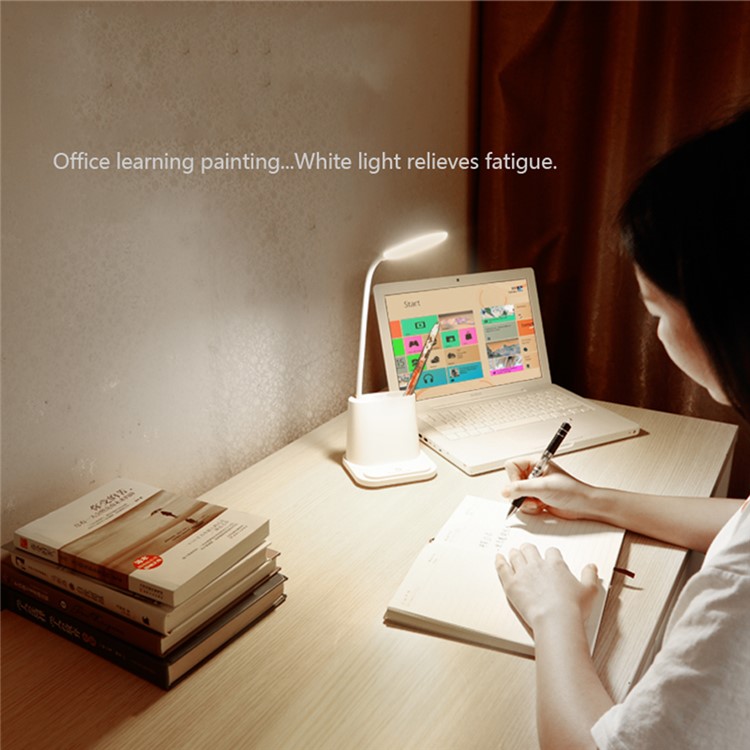 Dimmable Touch Control LED Table Lamp Reading Light with Pen Holder USB Charging Fan - White