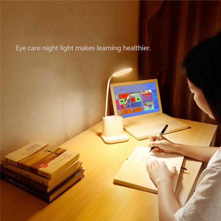 Dimmable Touch Control LED Table Lamp Reading Light with Pen Holder USB Charging Fan - White