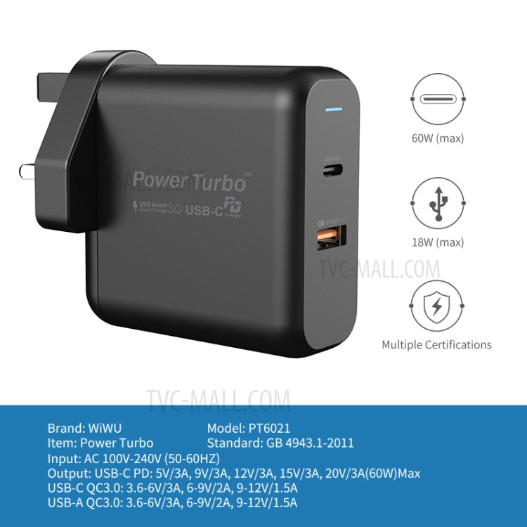 WIWU PT6021 PD+QC Fast Charger Wall Charger Adapter UK Plug-2