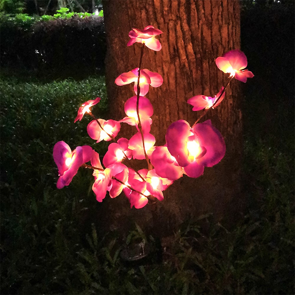 HUIHAO LSF07 2-Pack Outdoor Solar Orchid LED Stake Lights Waterproof Garden Decor Pathway Landscape Lighting - Purple Orchid-2