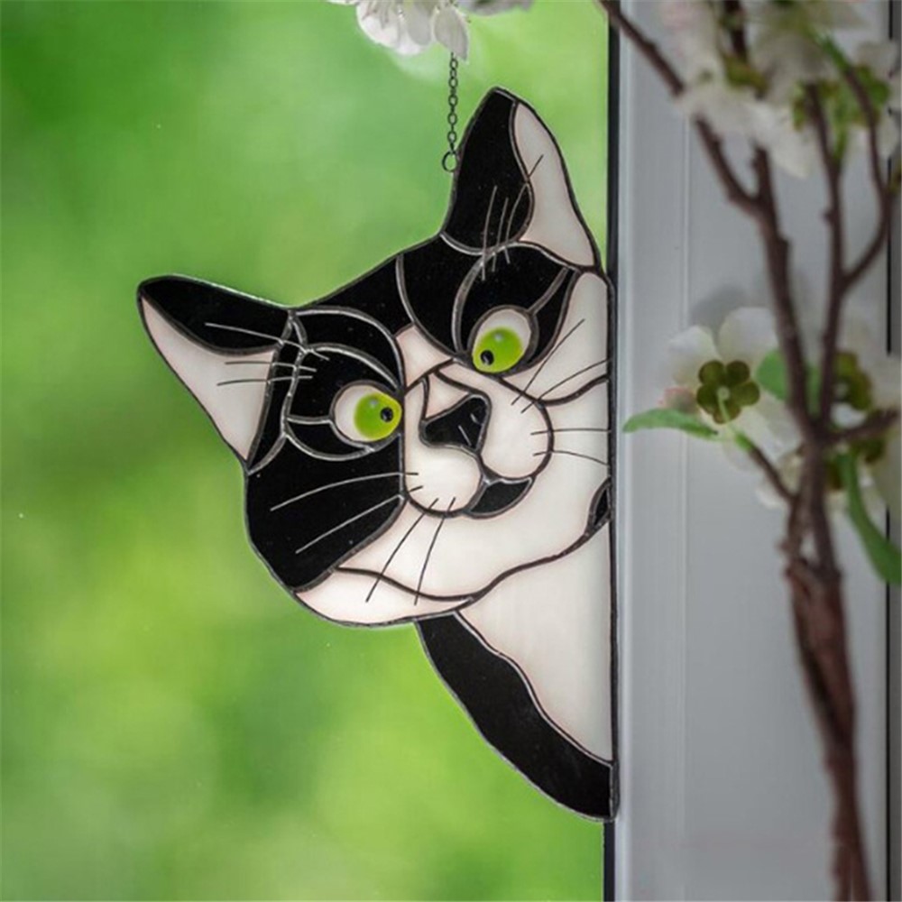 Stained Glass Cat Window Hanger Pendant Painted Cartoon Cats Cat Window Hanging Sun Catcher Home Decor - Black-1