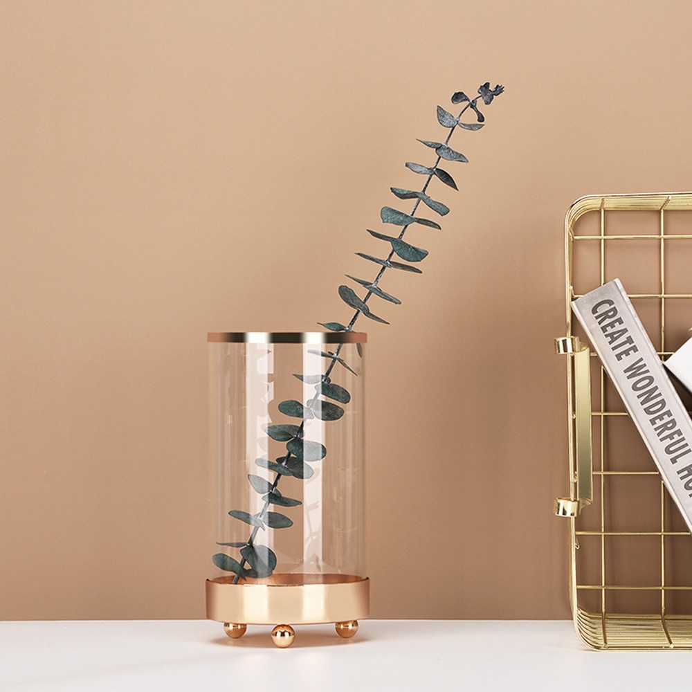 Nordic Transparent Glass Vase Artificial Plant Flower Artistic Golden Edging Vase Multifunction Makeup Brush Pen Holder Home Decoration, Size L-2