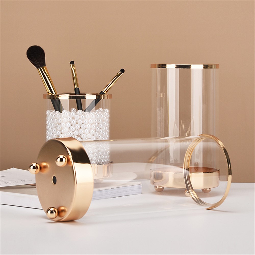 Nordic Transparent Glass Vase Artificial Plant Flower Artistic Golden Edging Vase Multifunction Makeup Brush Pen Holder Home Decoration, Size L-4