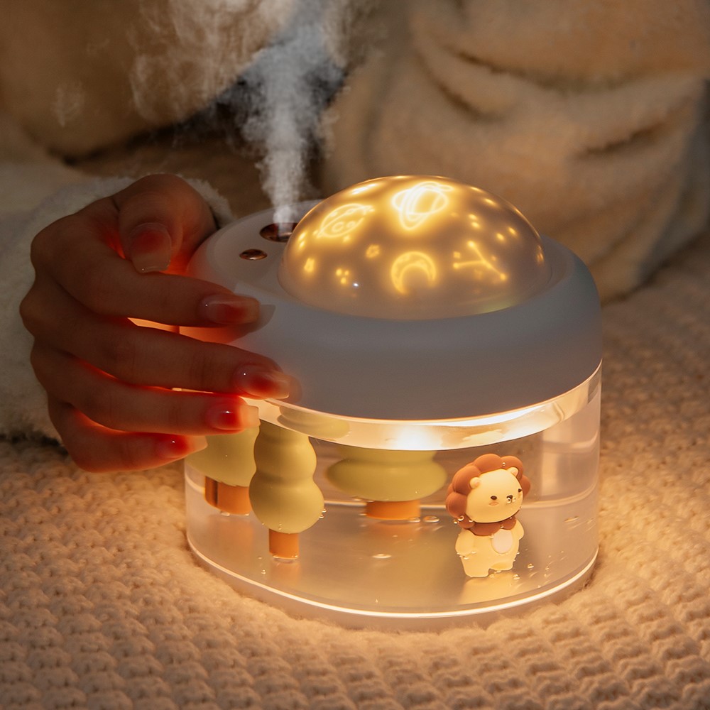 J221 Creative Cartoon Projection Night Light Humidifier Aromatherapy Mist Diffuser Kids Room Home Decor Holiday Gift - White/Lion-4