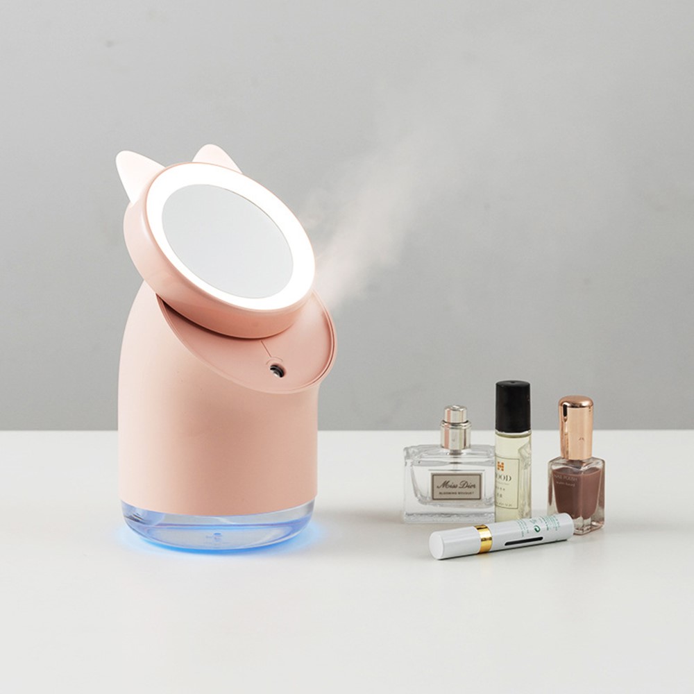 Creative Humidifier Makeup Mirror LED Light Atomizer Suitable for Home Car Bedroom Office and Travel - Pink-2