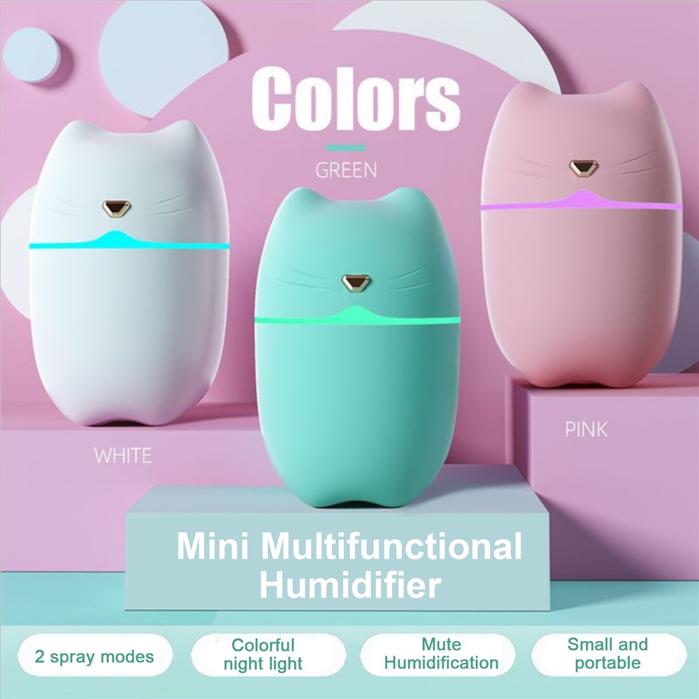 A6 260ml Mini Air Humidifier USB Cute Cat Silent Atomizer Soft Light Air Purifier Portable Cool Mist Maker Fog Sprayer with Colorful Night Light - White-7