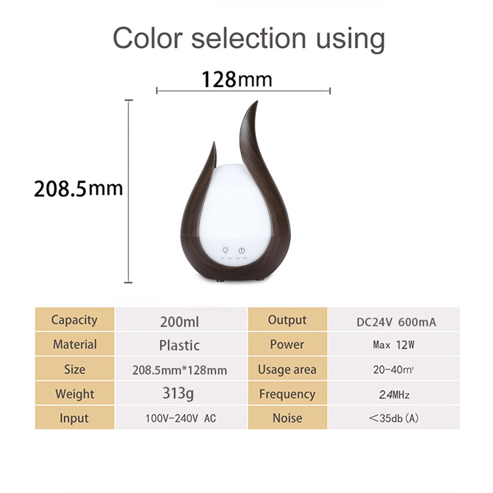 JCSY-261 200ml Ultrasonic Air Humidifier Continuous Fog Sprayer Quiet Mist Maker Waterless Auto Shut-off Essential Oil Aroma Diffuser with LED Color Light - Dark Wood/US Plug-5