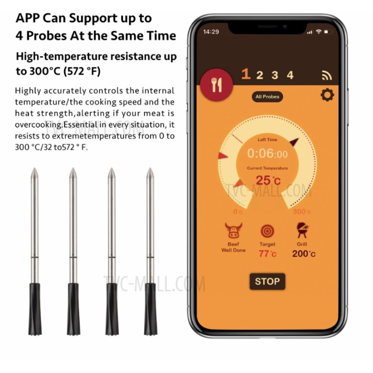 USB Charge Bluetooth Wireless Stainless Steel Food Temperature Thermometer Grill Temperature Probe-6