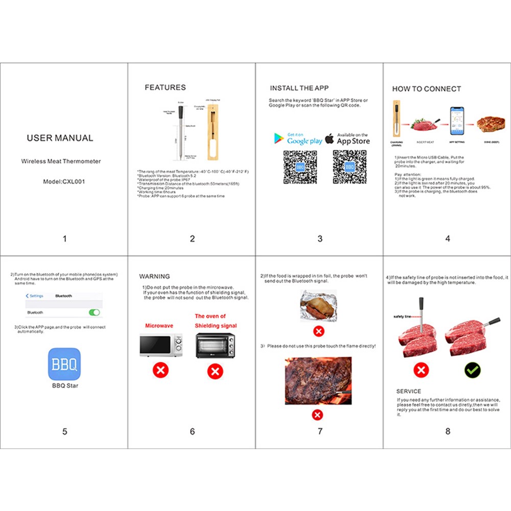 1Pc Bluetooth 5.2 Wireless Food Meter Waterproof Meat Thermometer for Cooking BBQ Grill-8