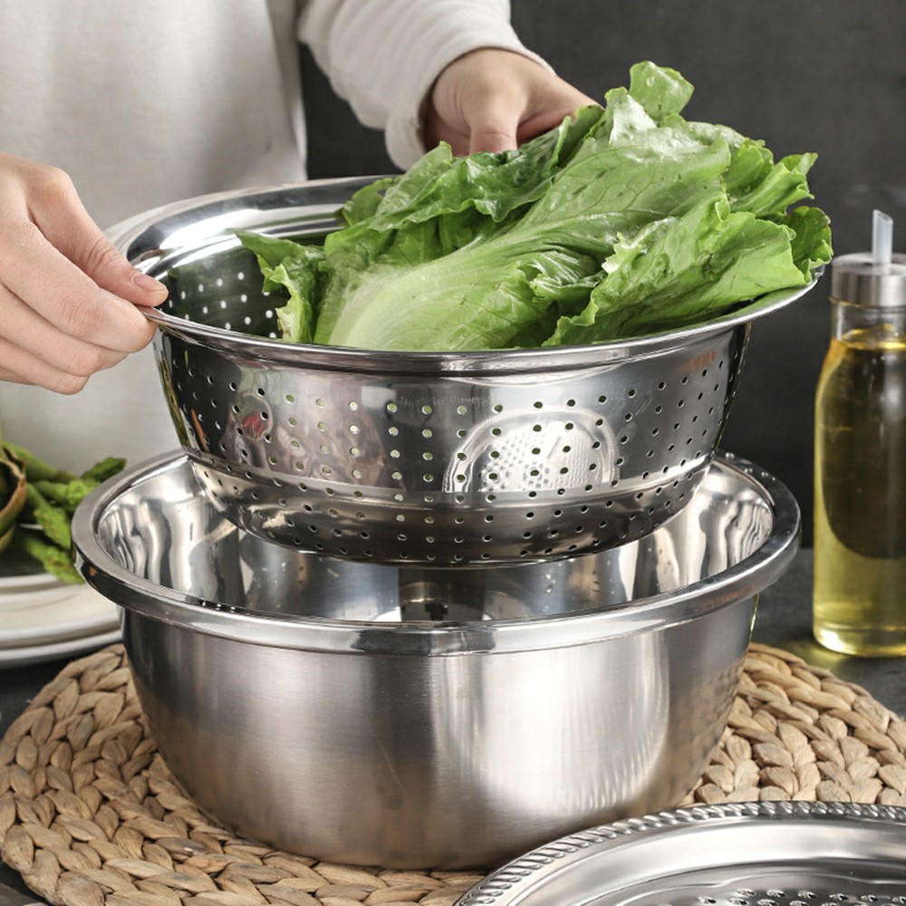 3-in-1 Stainless Steel Grater Strainer Drain Basket and Salad Maker Bowl Multifunctional Kitchen Tool, 26cm-10