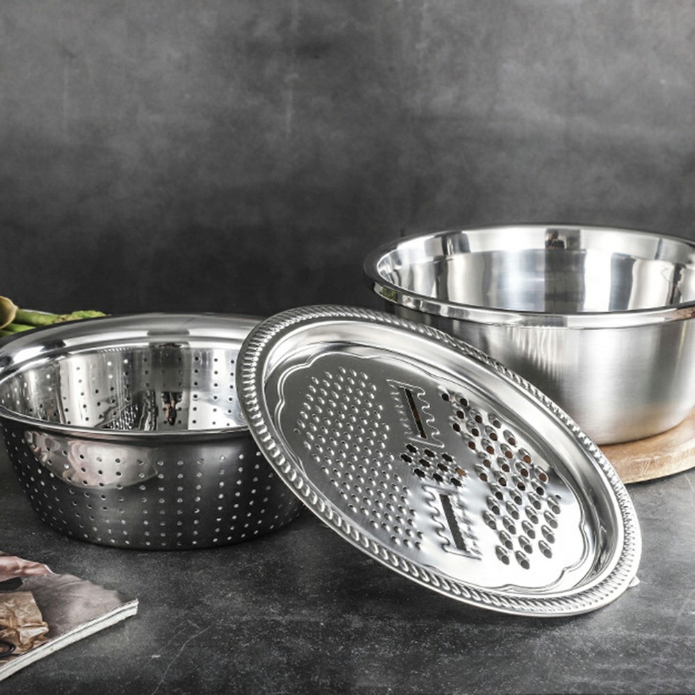 3-in-1 Stainless Steel Grater Strainer Drain Basket and Salad Maker Bowl Multifunctional Kitchen Tool, 26cm-3