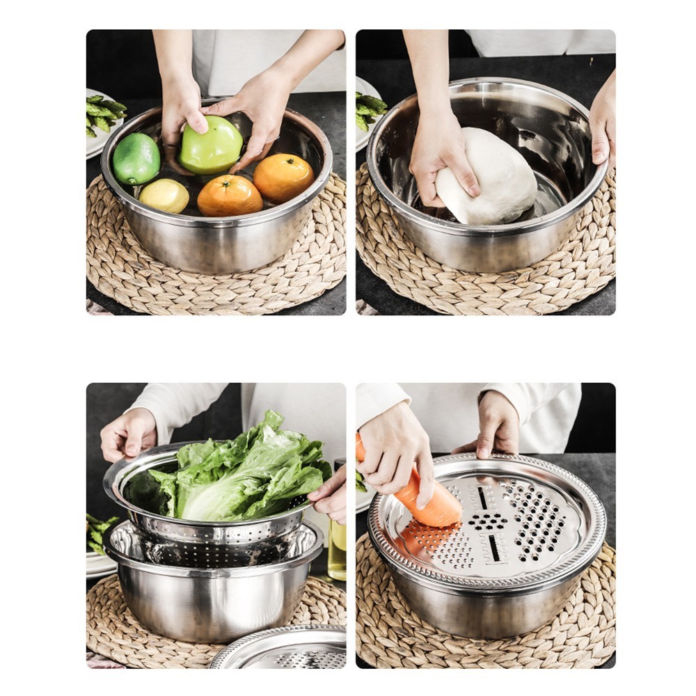 3-in-1 Stainless Steel Grater Strainer Drain Basket and Salad Maker Bowl Multifunctional Kitchen Tool, 26cm-8