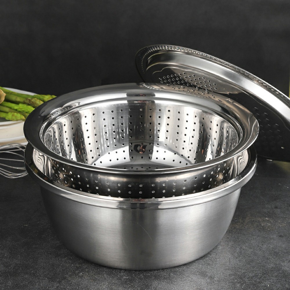3-in-1 Stainless Steel Grater Strainer Drain Basket and Salad Maker Bowl Multifunctional Kitchen Tool, 26cm-9