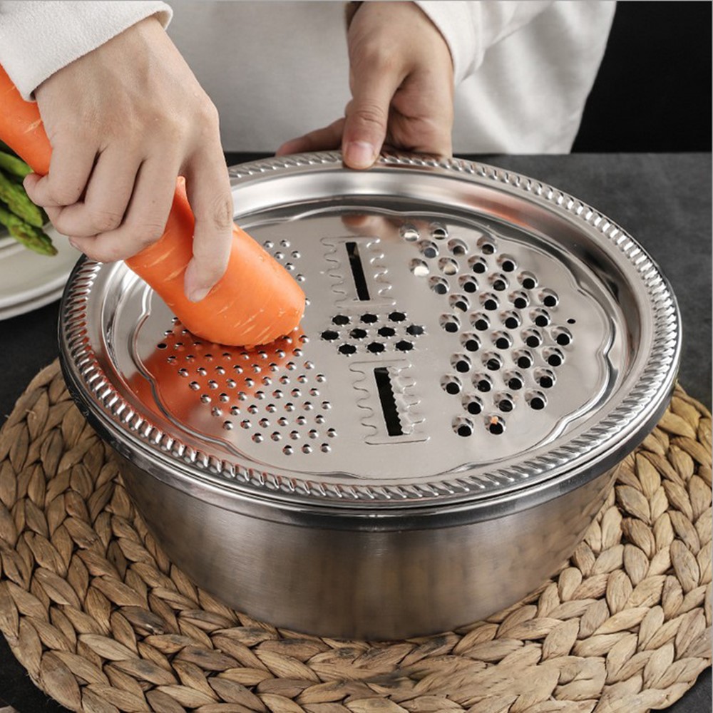 3-in-1 Stainless Steel Grater Strainer Drain Basket and Salad Maker Bowl Multifunctional Kitchen Tool, 28cm-2
