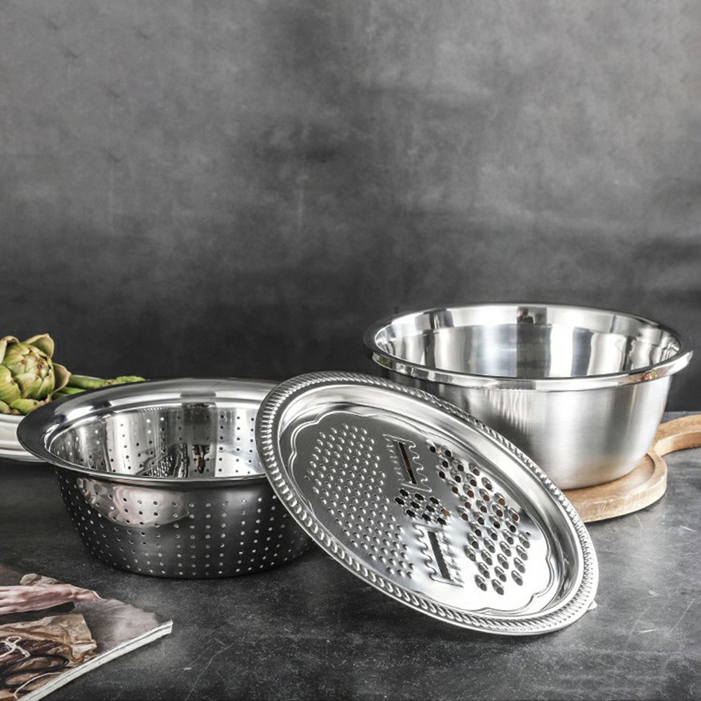 3-in-1 Stainless Steel Grater Strainer Drain Basket and Salad Maker Bowl Multifunctional Kitchen Tool, 28cm-3