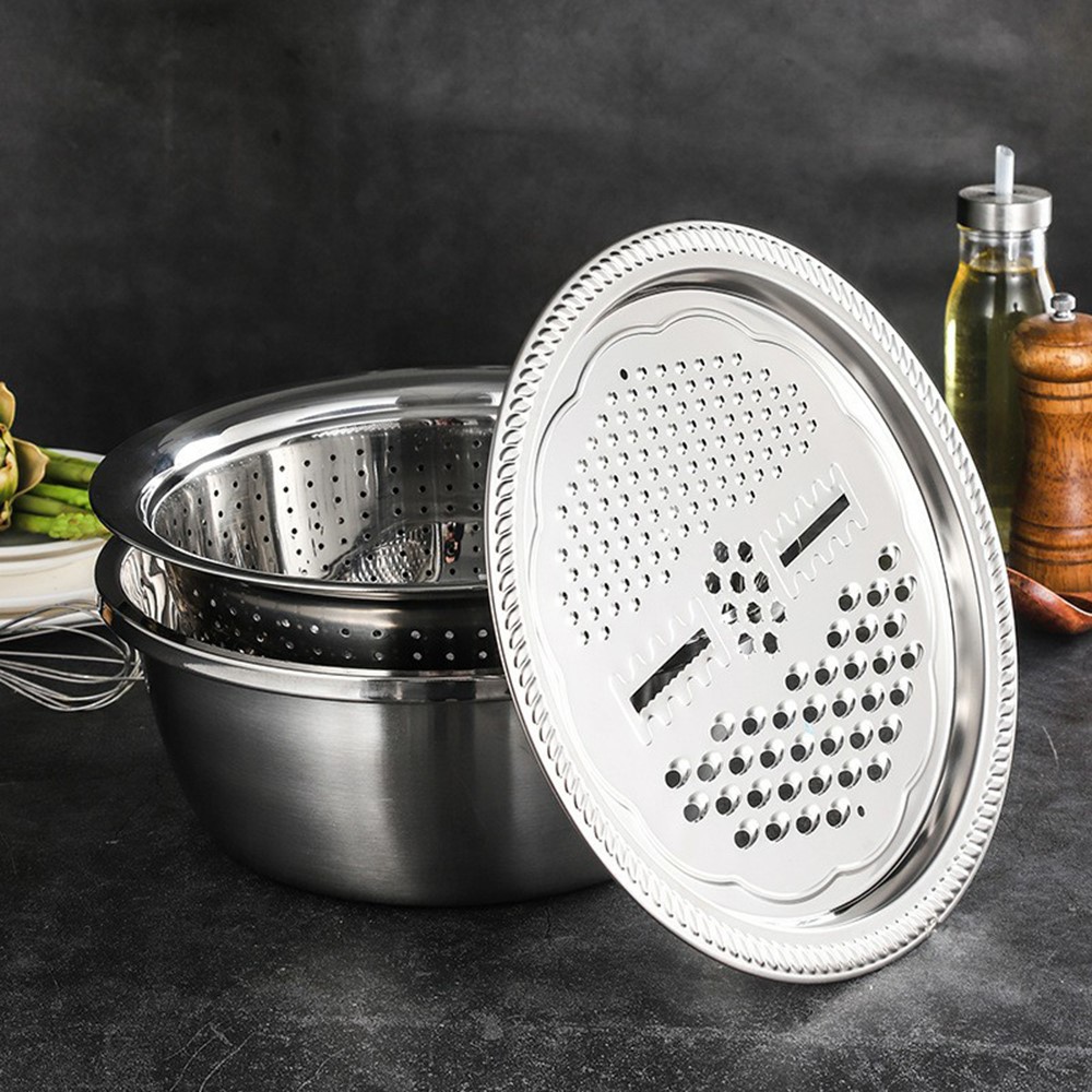 3-in-1 Stainless Steel Grater Strainer Drain Basket and Salad Maker Bowl Multifunctional Kitchen Tool, 28cm-4