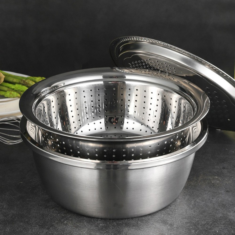 3-in-1 Stainless Steel Grater Strainer Drain Basket and Salad Maker Bowl Multifunctional Kitchen Tool, 28cm-5