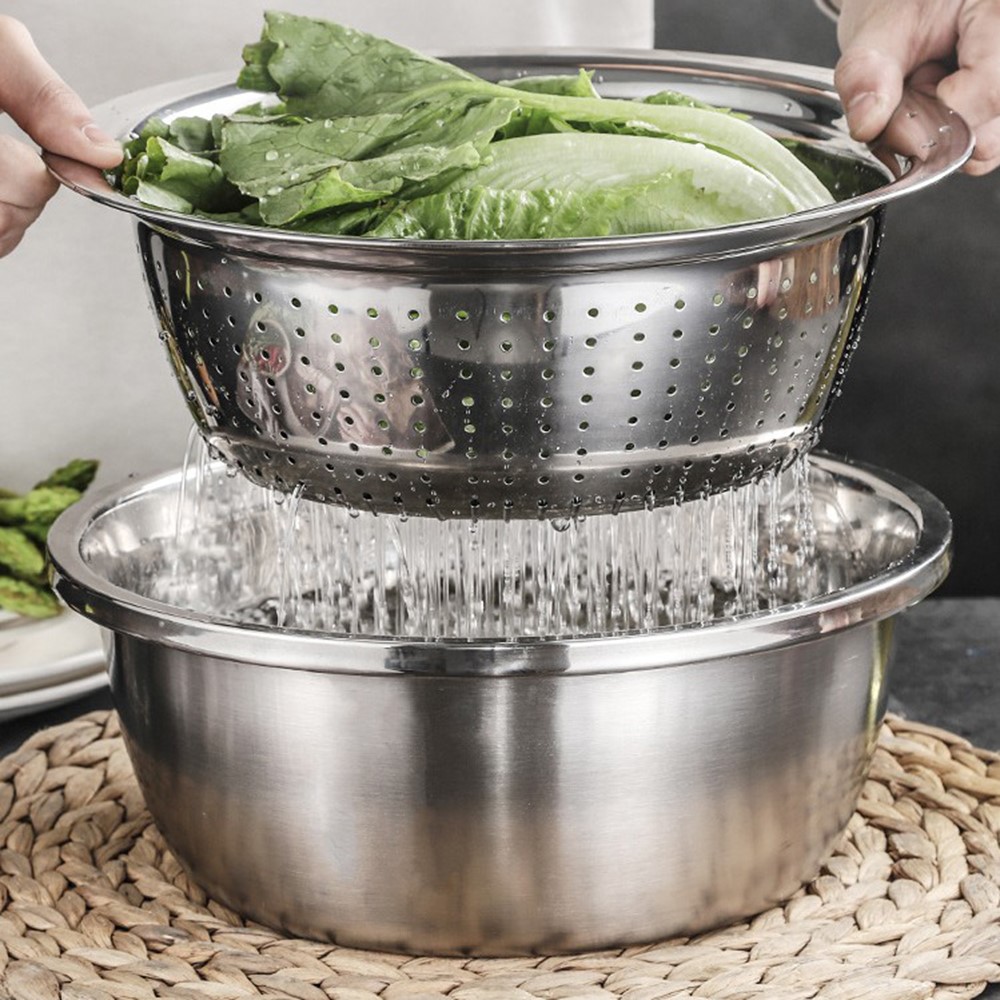 3-in-1 Stainless Steel Grater Strainer Drain Basket and Salad Maker Bowl Multifunctional Kitchen Tool, 28cm-6