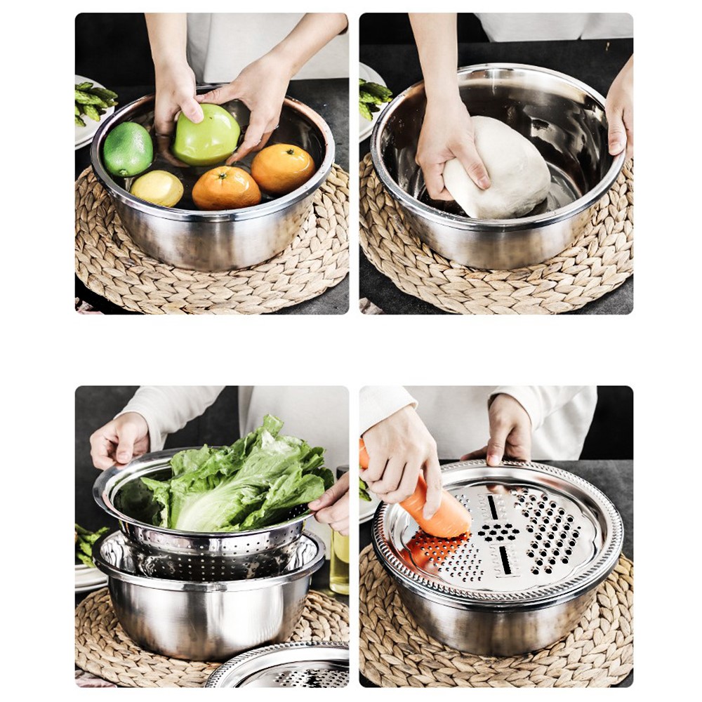 3-in-1 Stainless Steel Grater Strainer Drain Basket and Salad Maker Bowl Multifunctional Kitchen Tool, 28cm-8