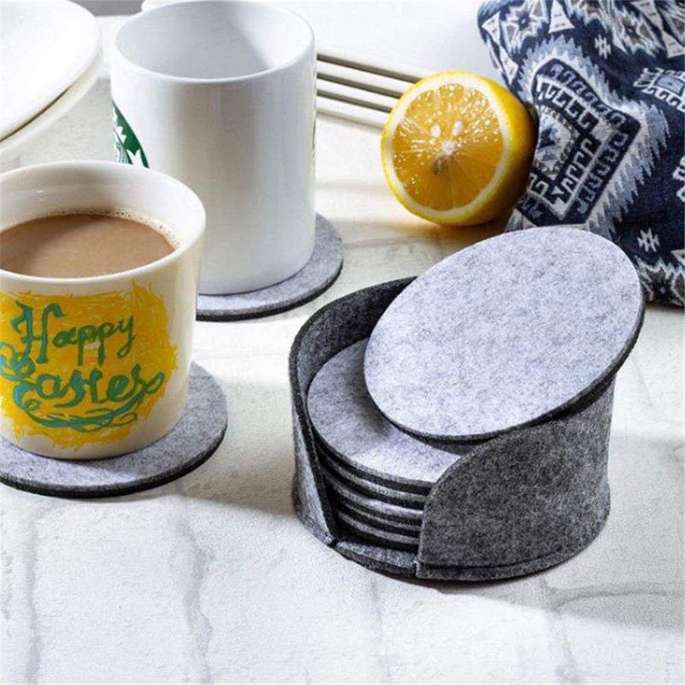 10pcs B458 Felt Drink Coasters Round Cup Mat Pad with Storage Box Table Placemats Kitchen Dining Tool - Dark Grey/Round-4