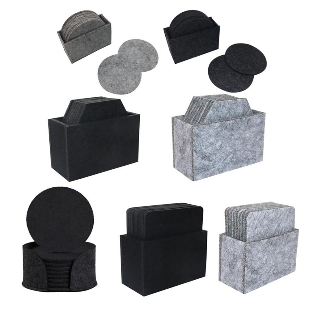 10pcs B458 Felt Drink Coasters Round Cup Mat Pad with Storage Box Table Placemats Kitchen Dining Tool - Dark Grey/Round-7